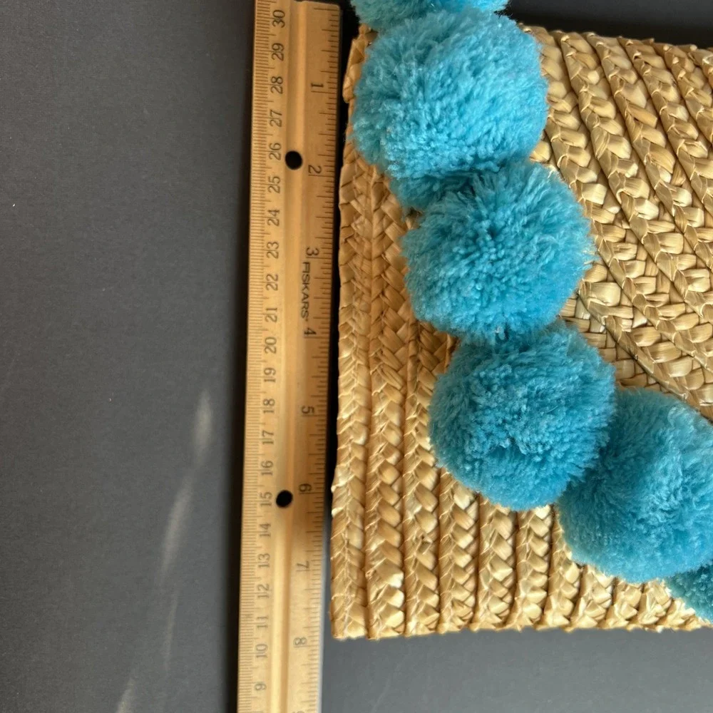 SHIRALEAH Fortuna Turquoise Teal Pom Pom Clutch Purse Chicago Envelope Bag Straw